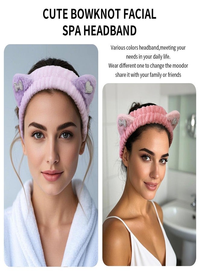 FlyingMage Spa Headband for Washing Face, 2 Pack Cute Cat Ear Hair Band for Shower Yoga Beauty, Fluffy Makeup Headband, Kawaii Facial Headbands for Woman Girls, Dark Pink+Purple Heart - Image 2